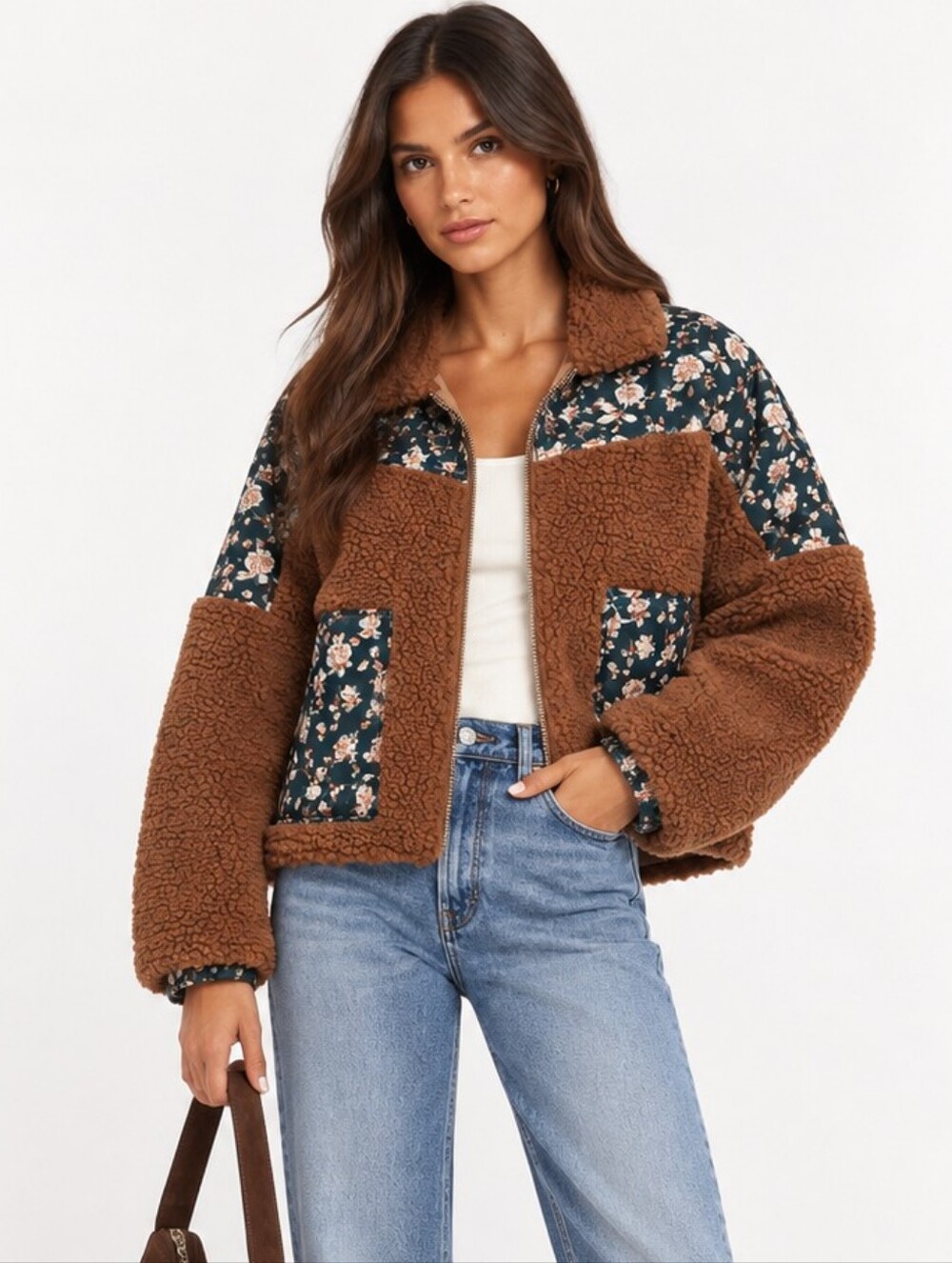 Blank NYC Floral Quilted Trim Teddy Fleece Jacket Size M